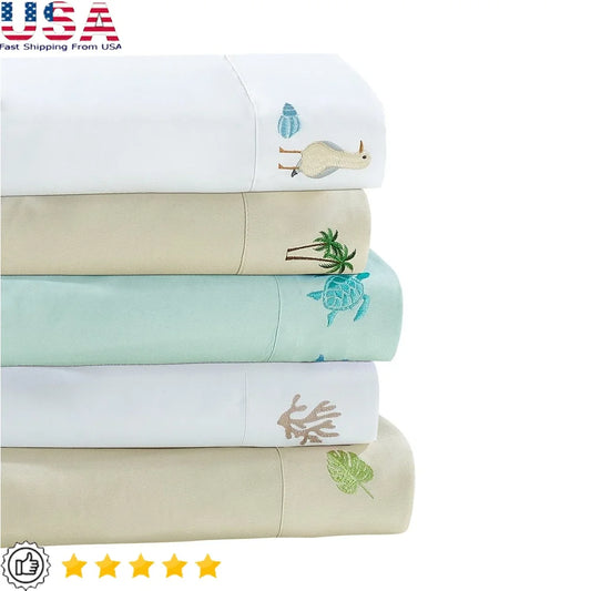 Embroidered Palm Tree Grove King Sheet Set Hypoallergenic Lightweight 4 Piece Polyester Bedding Fitted Flat Pillowcase