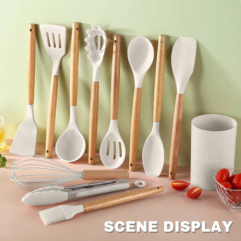 12 Piece Silicone Kitchen Utensils Set Nonstick Spatula Shovel Egg Beaters Baking Tools With Storage Bucket
