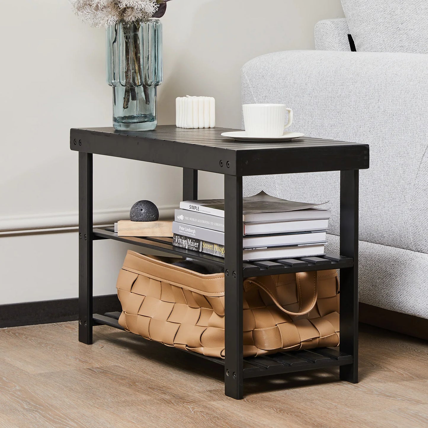 JHK Living Room Bamboo Shoe Rack Bench 3 Tier Organizer