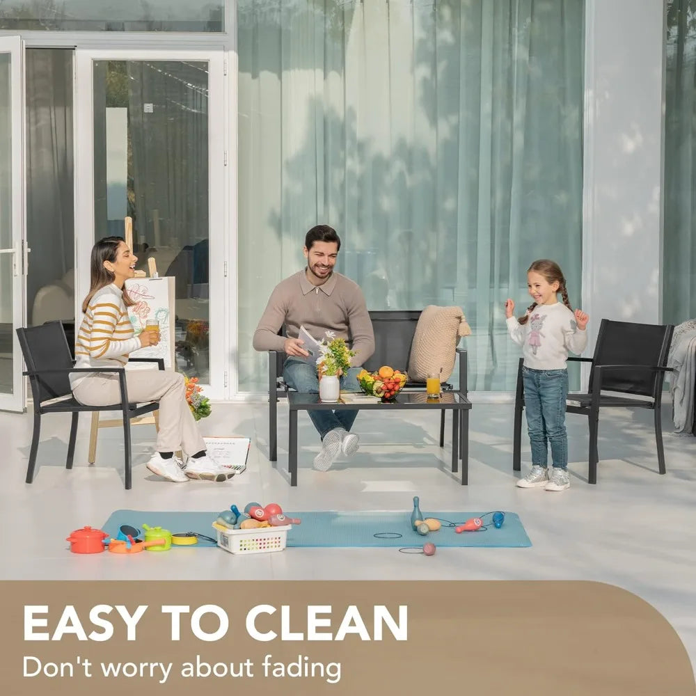 Black 4 Pieces Outdoor Patio Furniture Set With Glass Coffee Table For Garden And Poolside