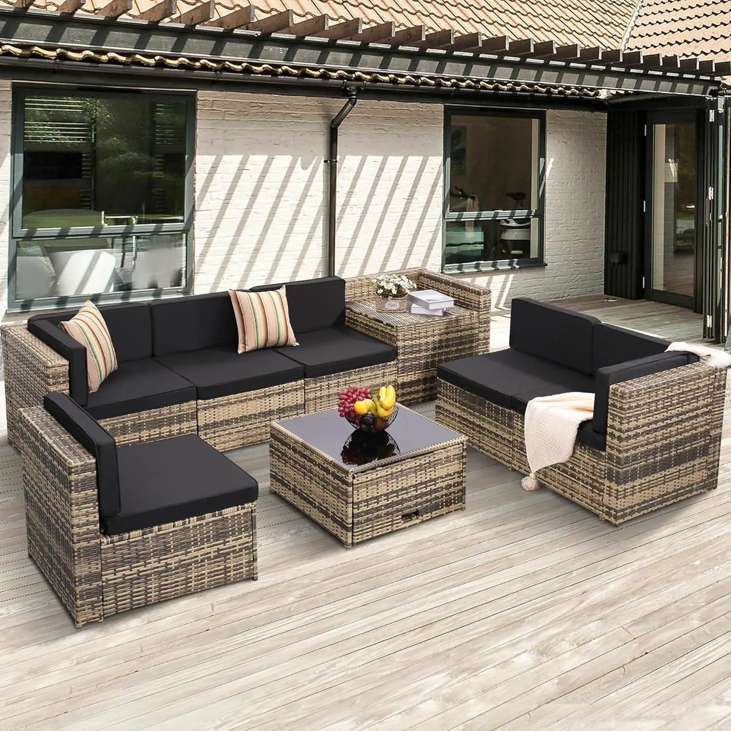 8 Pieces Outdoor Wicker Rattan Patio Furniture Sectional Set With Hidden Storage