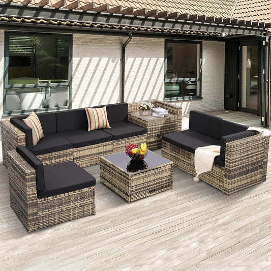 8 Pieces Outdoor Wicker Rattan Patio Furniture Sectional Set With Hidden Storage