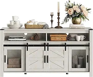 Farmhouse Buffet Cabinet Rustic Sideboard Sliding Barn Doors Mesh Doors 59 Inch Coffee Bar Storage Cabinet For Kitchen