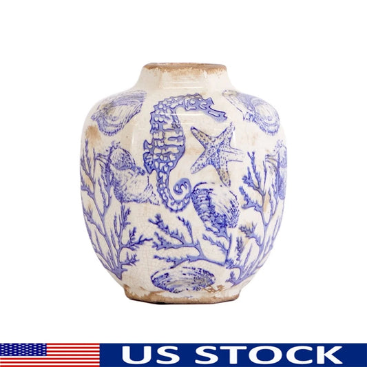 Multicolor Nautical Ceramic Urn Marine Print Planter Vase
