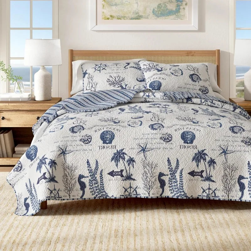 Twin Twin XL Coastal Bedding Set Summer Coastal Quilt with Sham Beach 2 Piece Reversible All Season Bedspread Quilt Set Lightweight Nautical Quilted Coverlet Navy