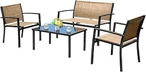 Black 4 Pieces Outdoor Patio Furniture Set With Glass Coffee Table For Garden And Poolside