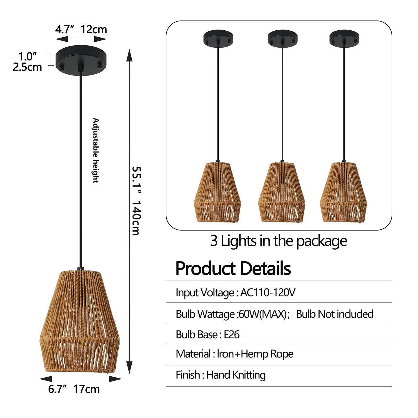 Set Of 3 Rustic Hemp Rope Pendant Lights Farmhouse Lighting