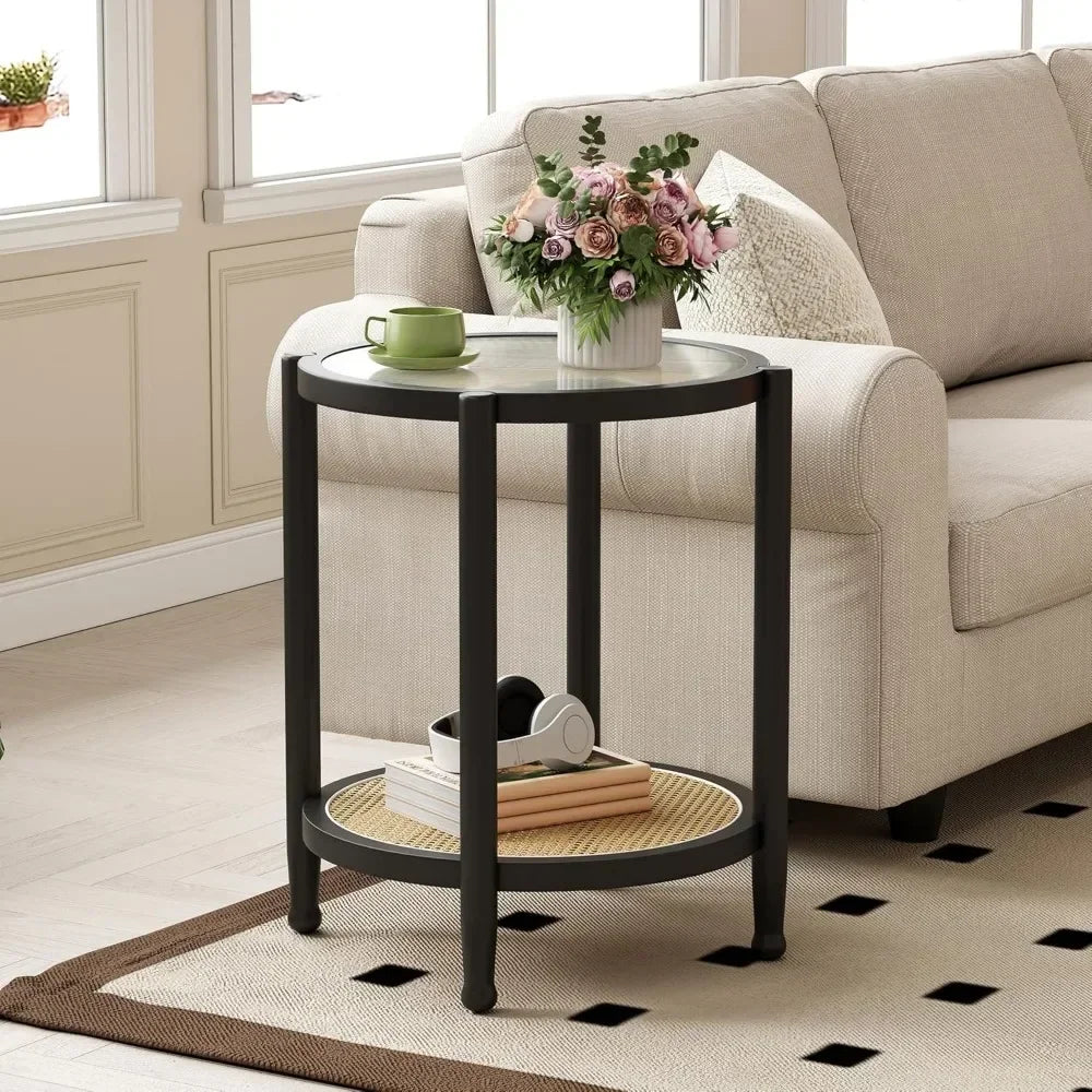 Rattan Round Coffee Table Set of 2 Farmhouse Boho Wood Two Tier Storage