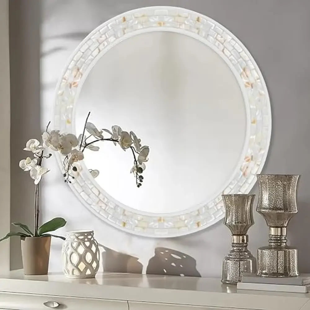 Coastal Mother Of Pearl 24 Inch Round Shell Mirror Wood