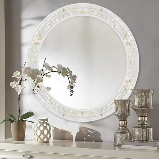 Coastal Mother Of Pearl 24 Inch Round Shell Mirror Wood
