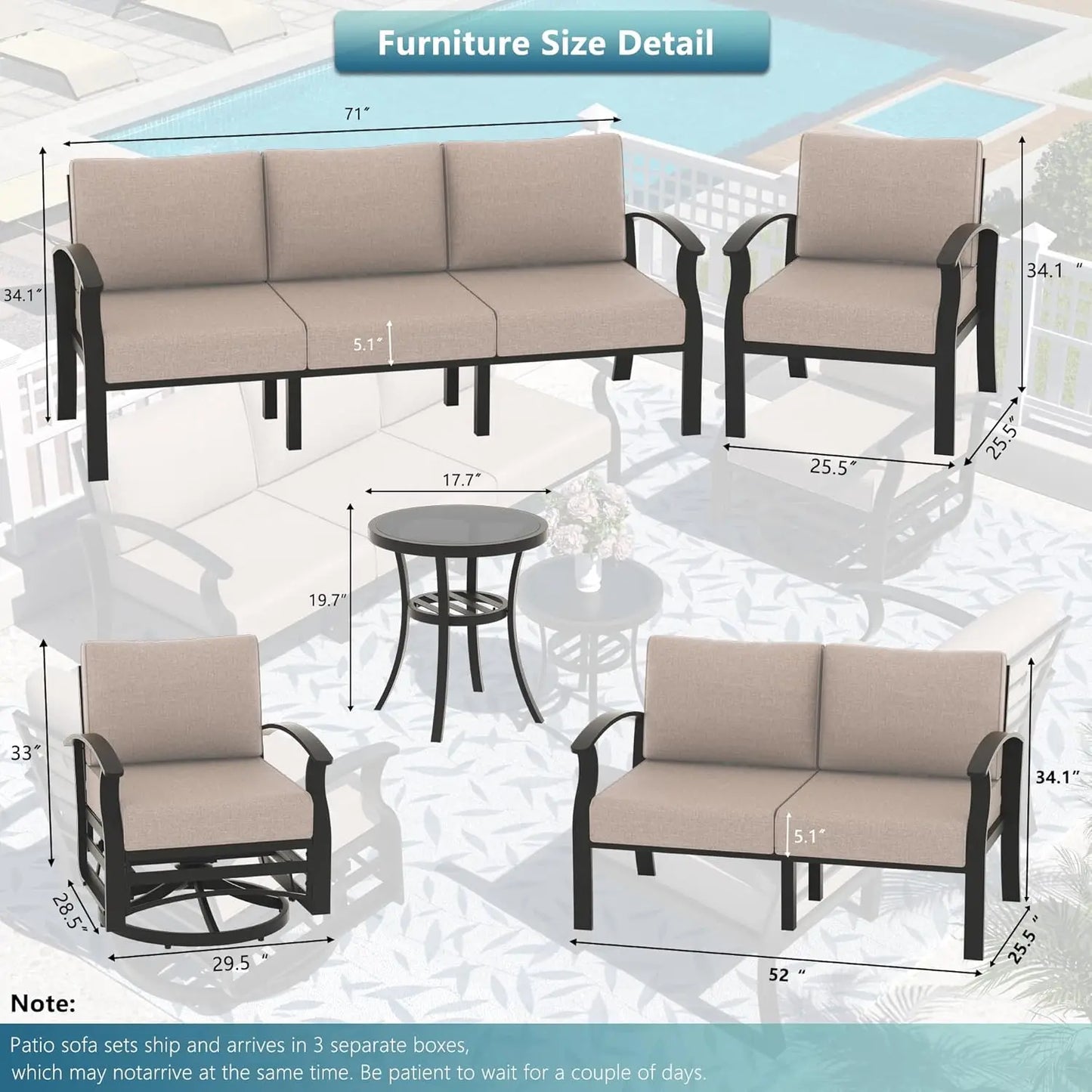 Aluminum Patio Set With Fire Pit And Cushioned Swivel Chairs
