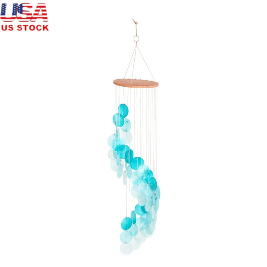 Teal Capiz Shell Waterfall Wind Chime for Indoor and Outdoor Use Coastal Decor Elegant Home Garden Hanging Windchime