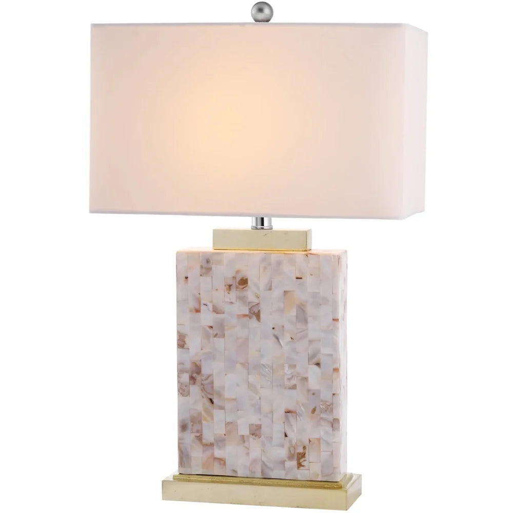 Coastal Shell Table Lamp Mosaic Capiz Shells Brushed Gold Stand White Shade Contemporary Home Decor Living Room Hall Bedroom