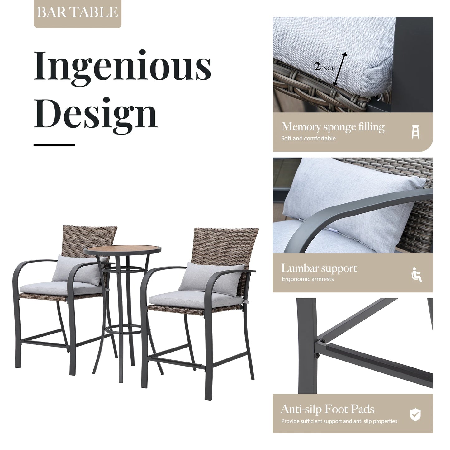 Naga Bahna 3pc Patio Bar Set With Cushions Rattan Wicker