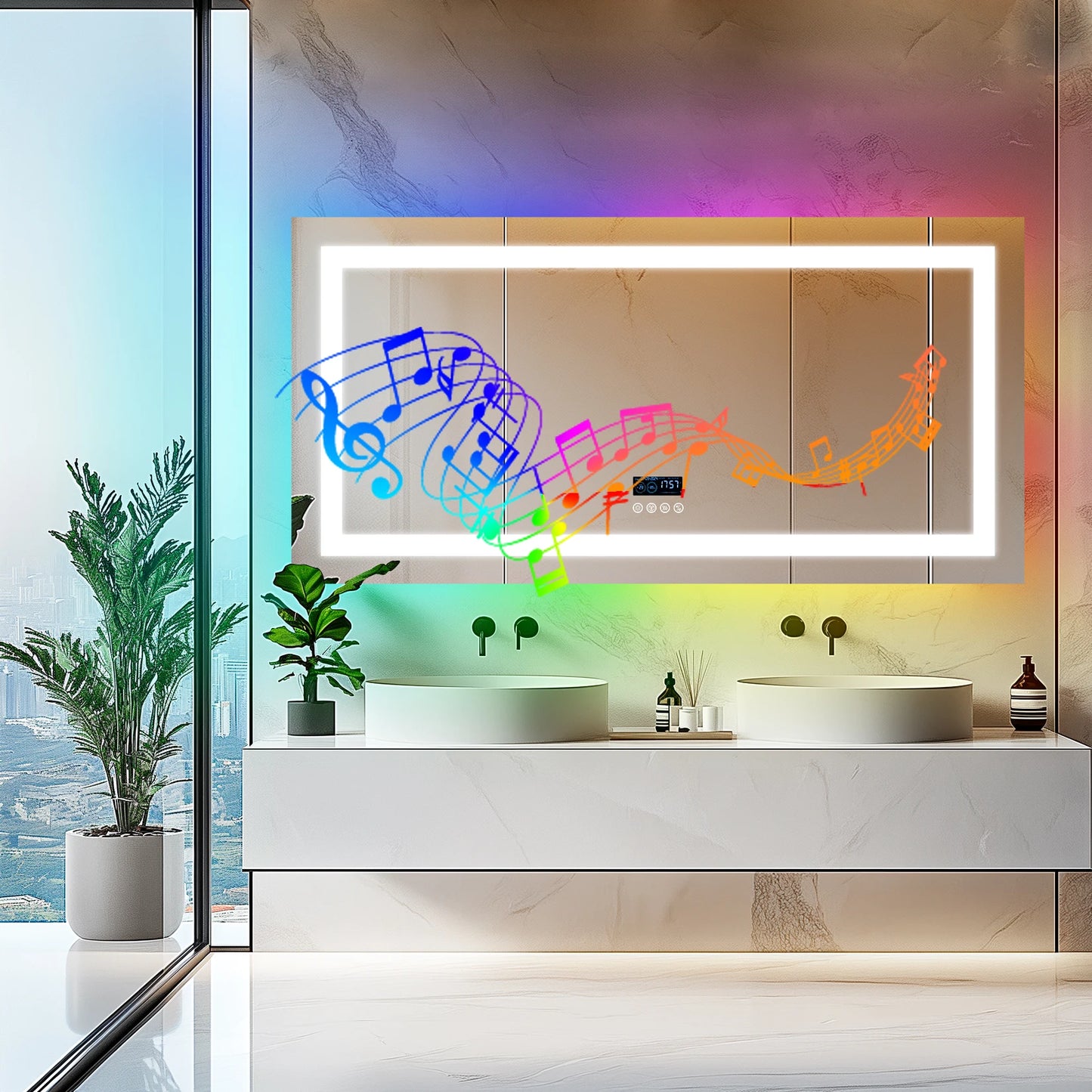 LED Lighted Bathroom Mirror With Bluetooth Speaker RGB Lighting Wall Mount