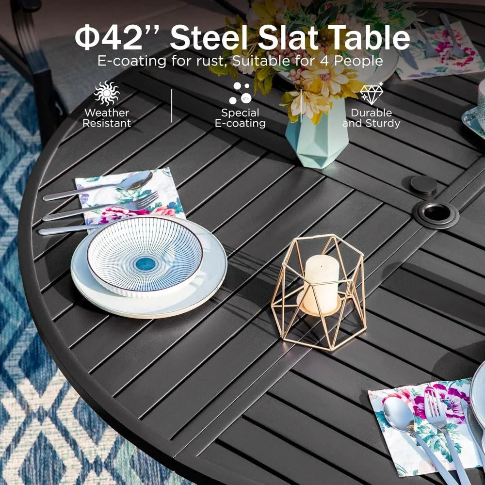 Outdoor Round Dining Table for Four 42 Inch Wrought Iron Umbrella Hole Patio