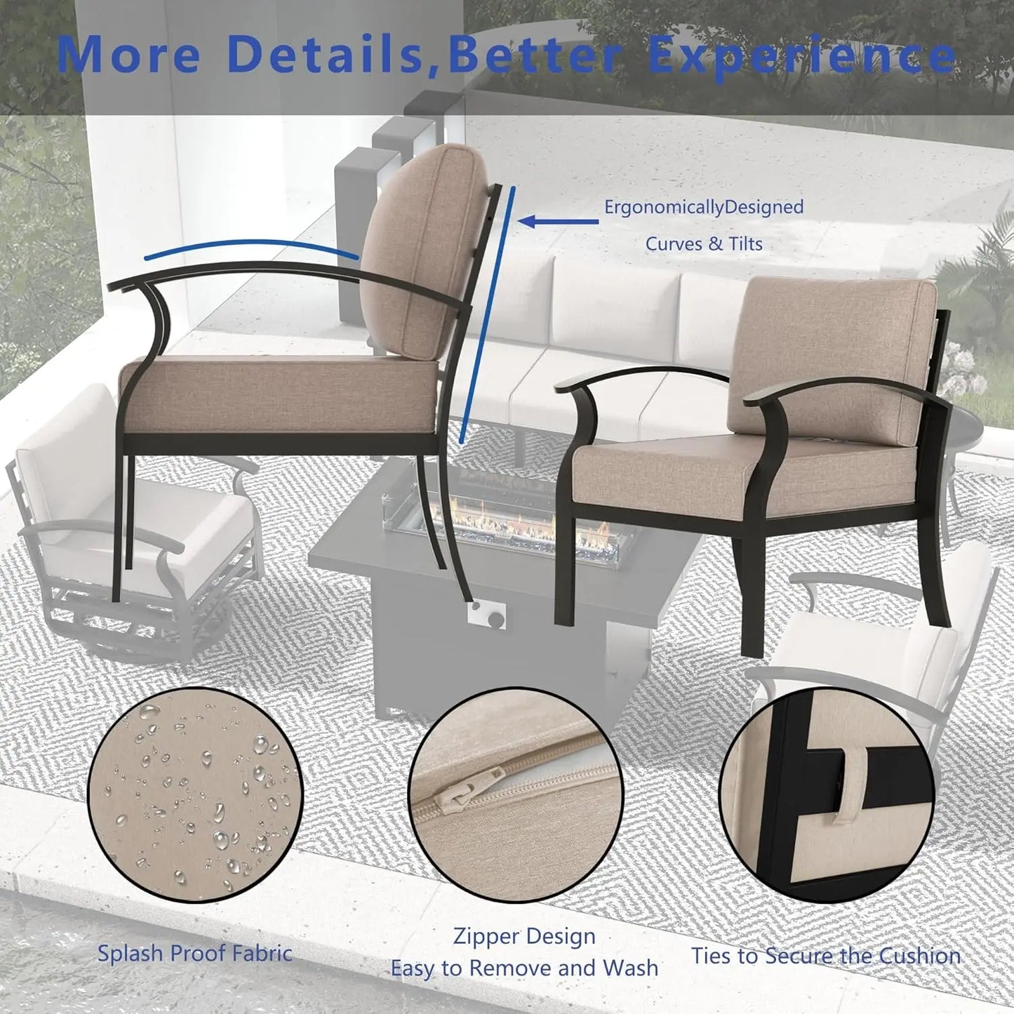 Aluminum Patio Set With Fire Pit And Cushioned Swivel Chairs