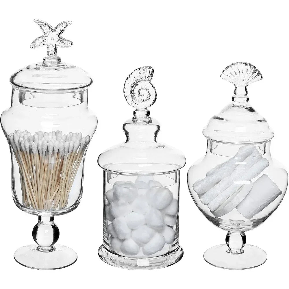 Clear Glass Apothecary Jars with Lid Decorative Seashell Design Bathroom Canister Footed Candy Buffet