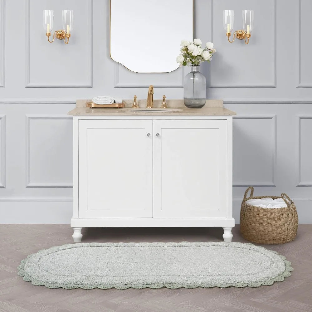 Sea Foam Cotton Oval Bath Mat Crochet Border Absorbent Non Slip Rug 24x60