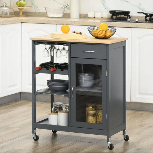 HOMCOM Utility Kitchen Cart Rolling Kitchen Island With Wine Rack And Storage Trolley Grey On Wheels