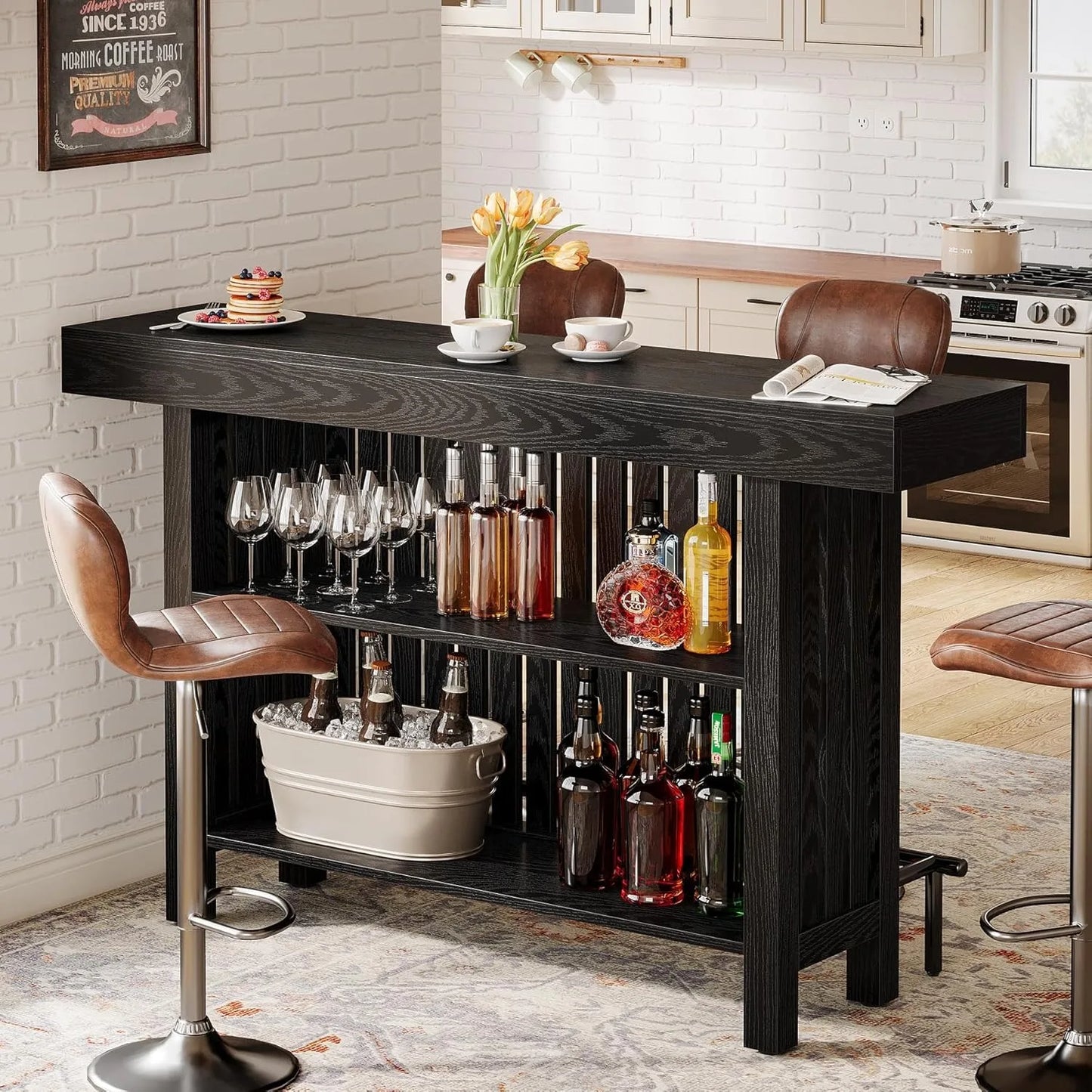 Little Tree 63 Inch Large Home Bar Unit With 2 Tier Kitchen Island Pub Table Footrest Modern Coffee Bar Cabinet