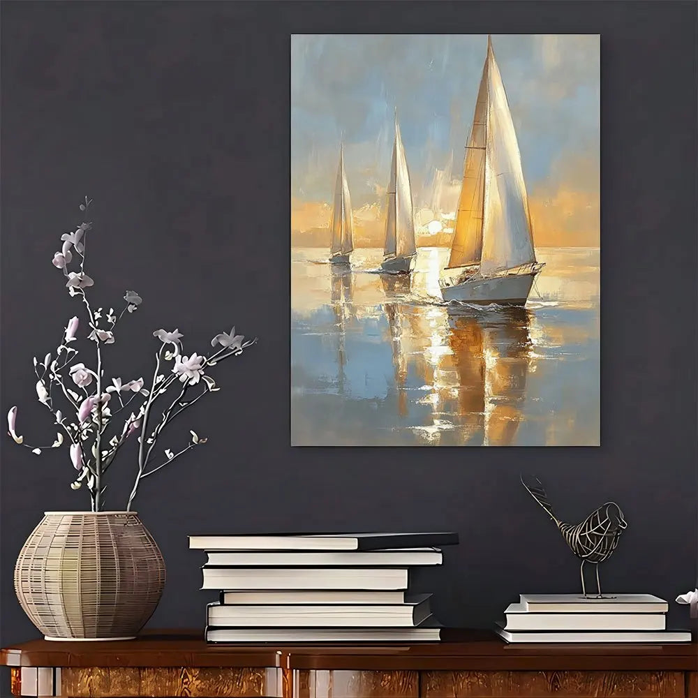 Pastel Sailing Boat Canvas Art Framed In Wood Home Decor