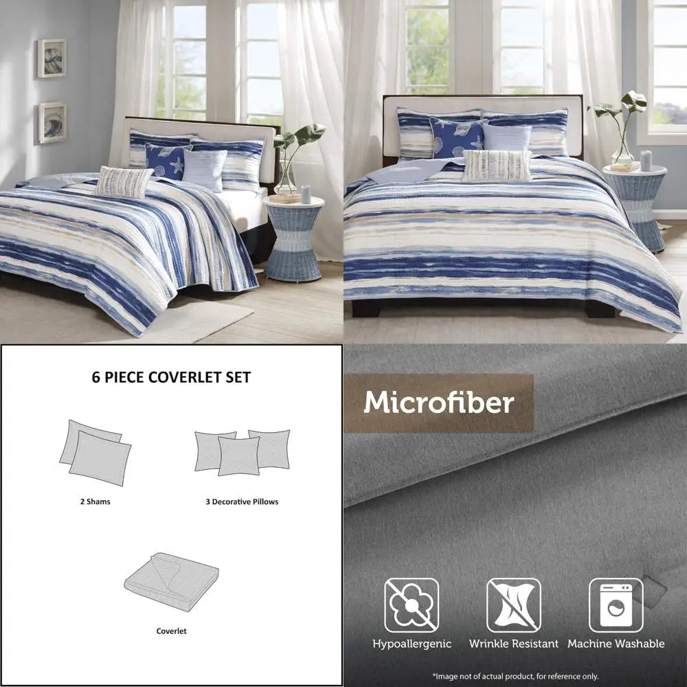 Cottage Coastal Quilt Set 6-Piece All-Season Coverlet With Pillow Shams