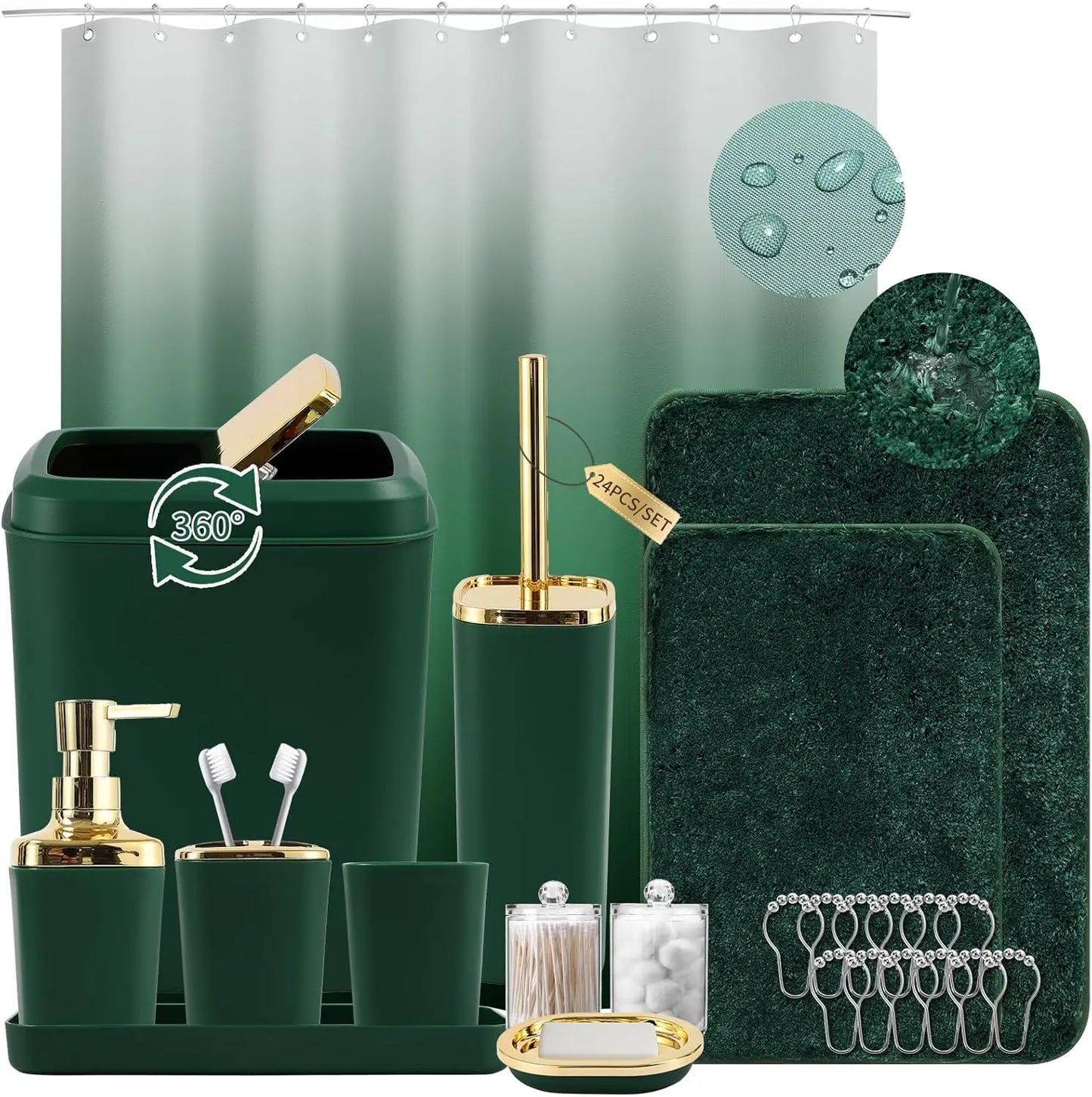 Dark Green Ombre 24 Piece Bathroom Set With Shower Curtain Rugs And Toilet Brush