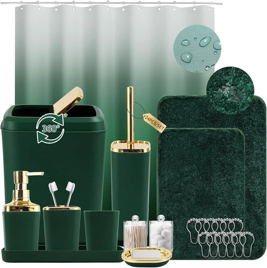 Dark Green Ombre 24 Piece Bathroom Set With Shower Curtain Rugs And Toilet Brush