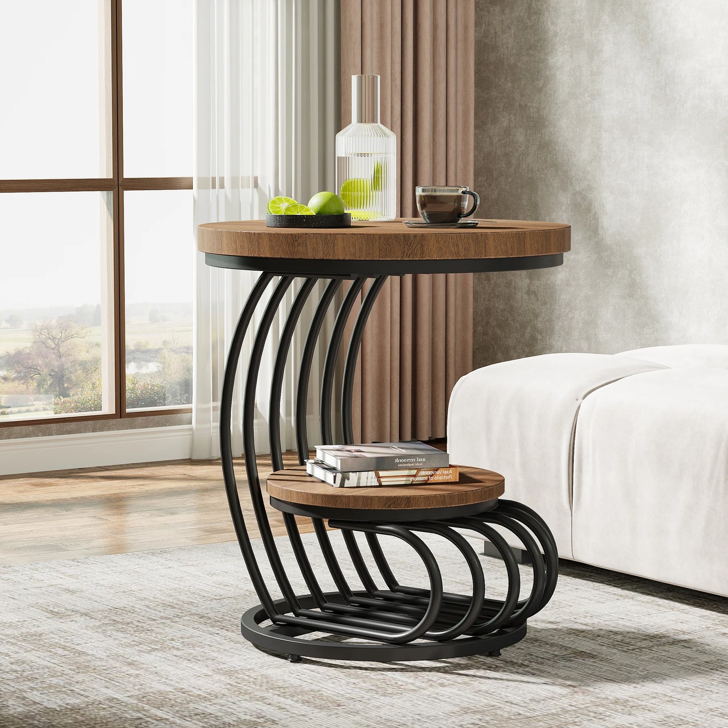 Tribesigns Gold Round End Table With Faux Marble 2 Tiers Storage Nightstand