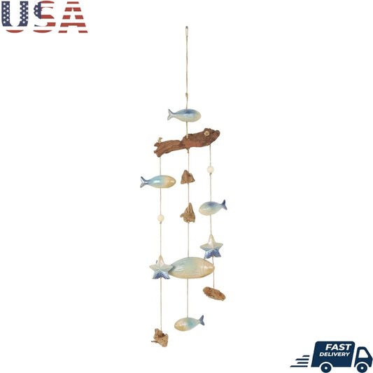 40 Inch Brown Ceramic Fish Wind Chime with Driftwood and Wooden Beads Indoor Outdoor Decor Coastal Home Accent