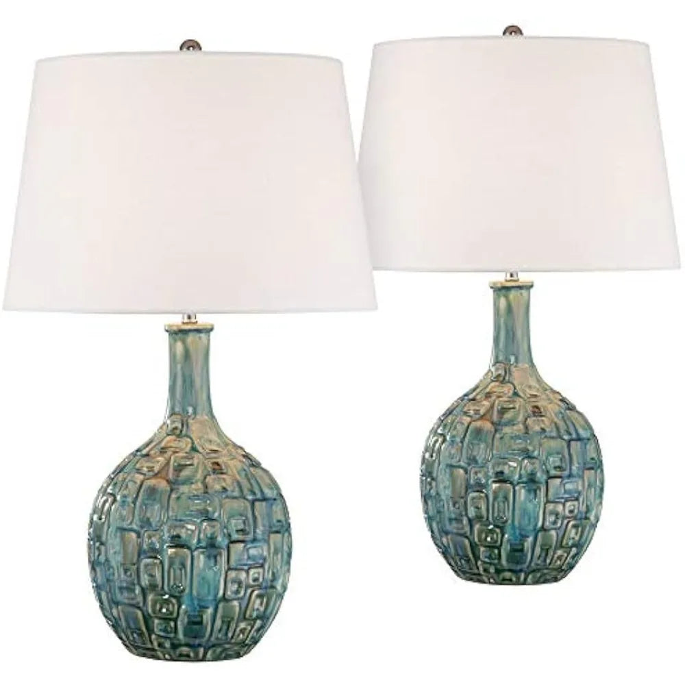 Teal Ceramic Gourd Table Lamps Set of 2 26 Inch Mid Century