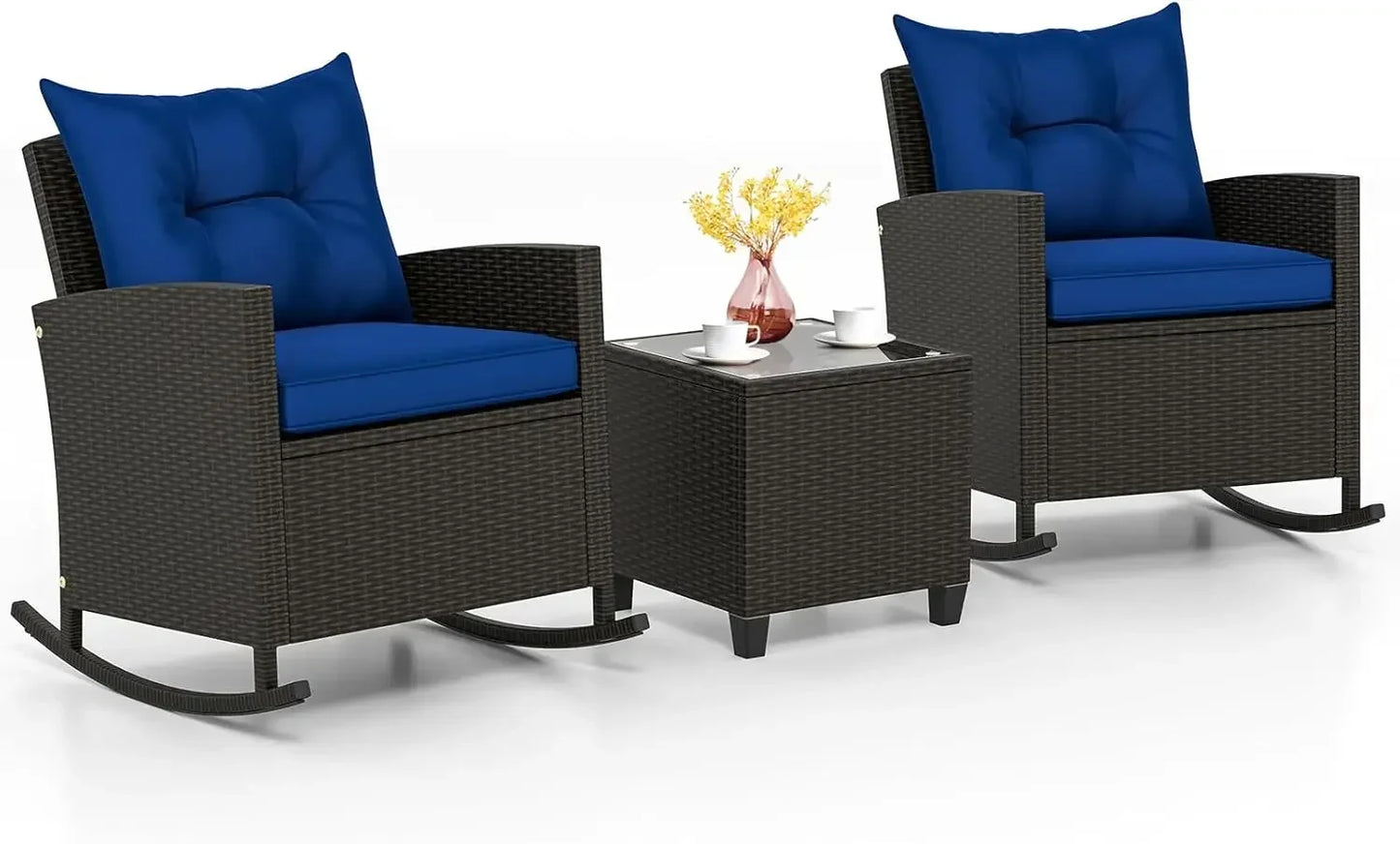 3 Piece Patio Rocking Bistro Set Wicker Outdoor Glass