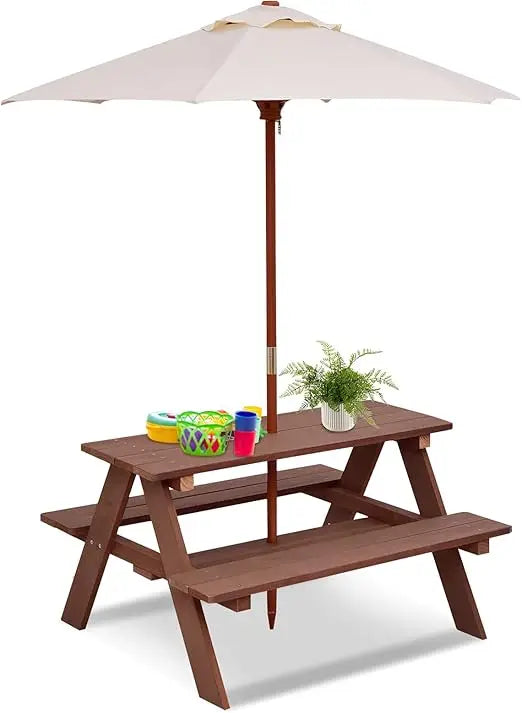 Kids Outdoor Wooden Picnic Table Bench Set With Removable Umbrella