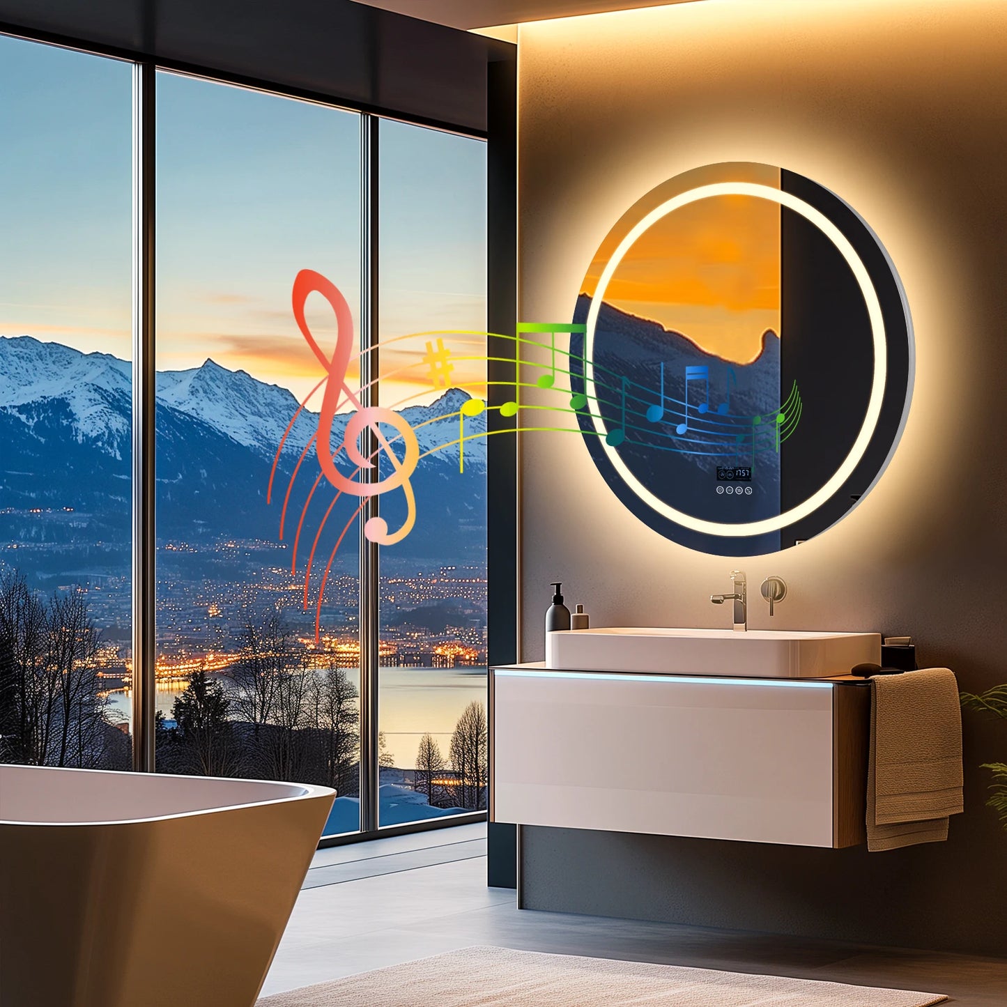 LED Lighted Bathroom Mirror With Bluetooth Speaker RGB Lighting Wall Mount