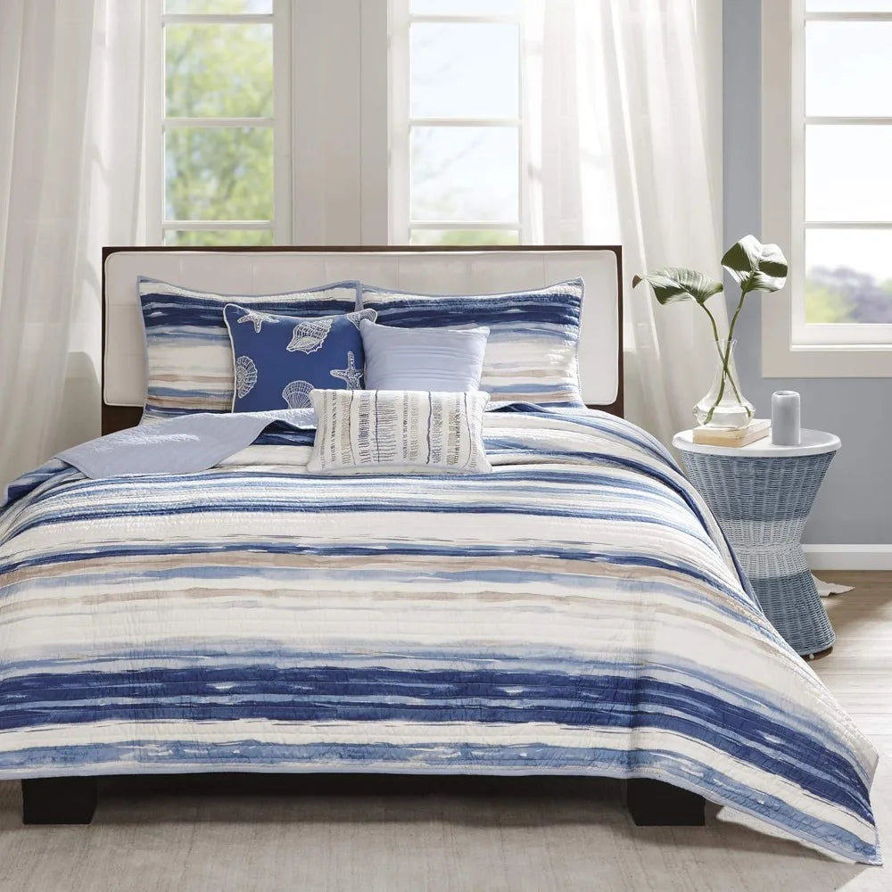 Cottage Coastal Quilt Set 6-Piece All-Season Coverlet With Pillow Shams
