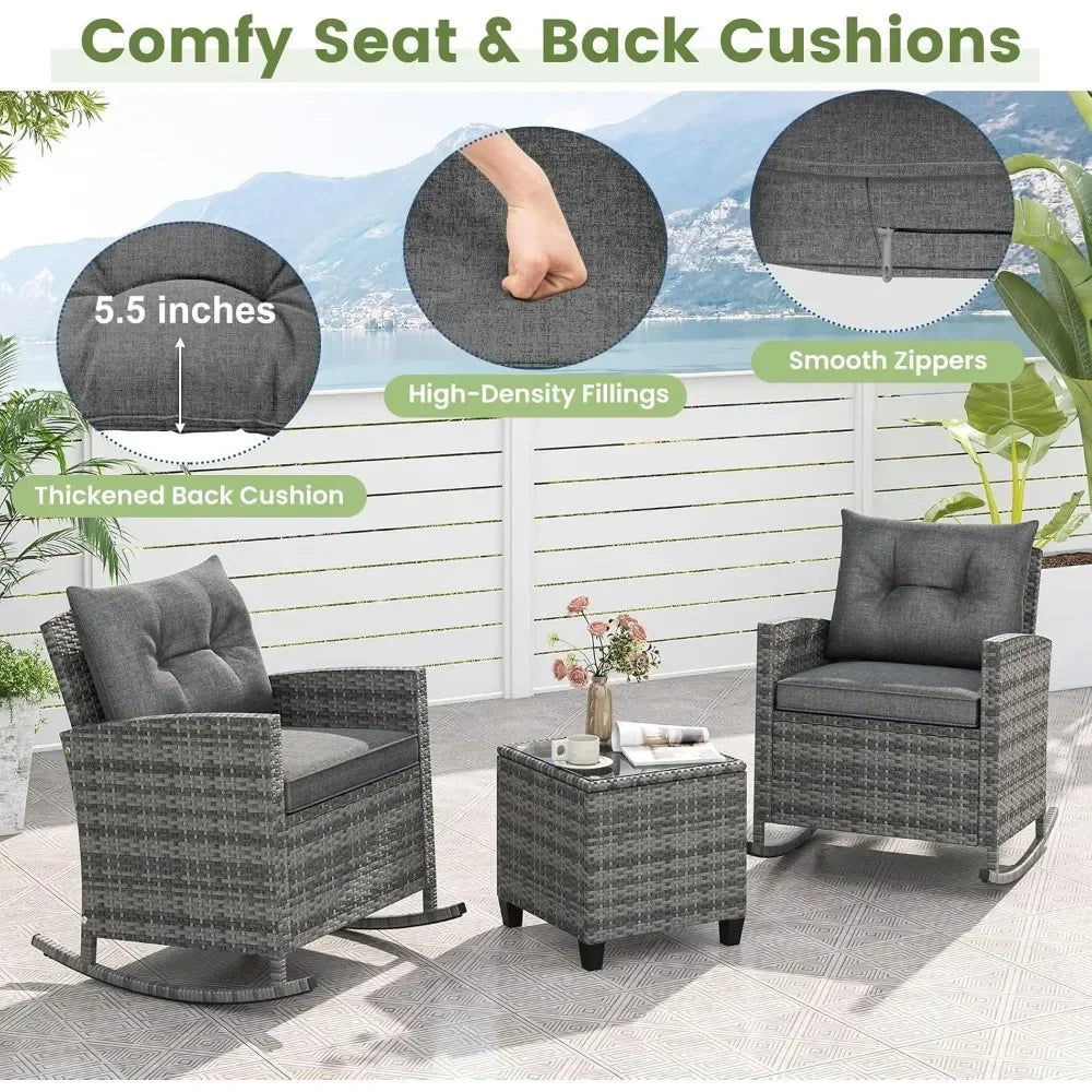 3 Piece Patio Rocking Bistro Set Wicker Outdoor Glass