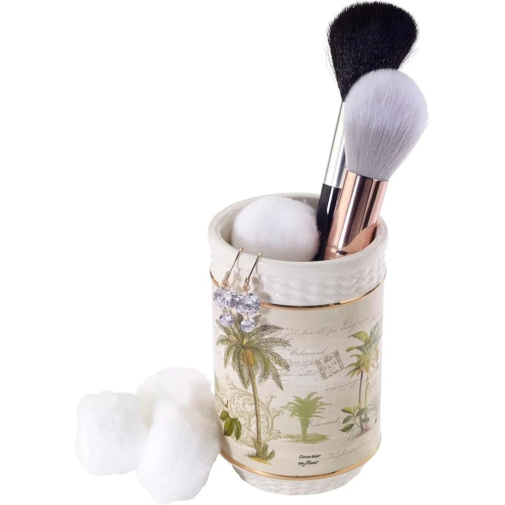 Hand Painted Ceramic Palm Tumbler Bathroom Accessory Coastal Theme Home Decor Tropical Palm Bathroom Essentials