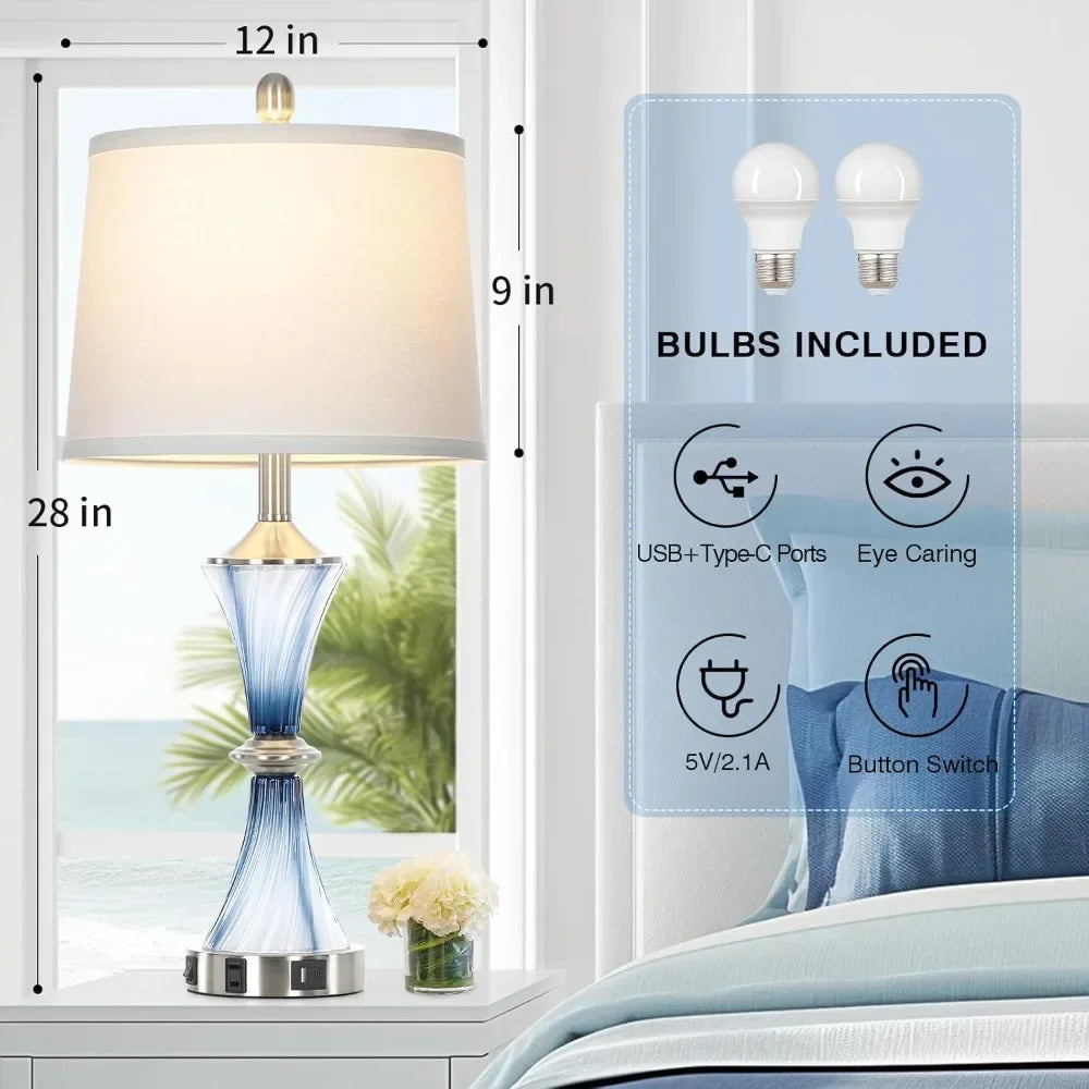 Blue Glass Table Lamps Set Of 2 With USB C And AC Outlet
