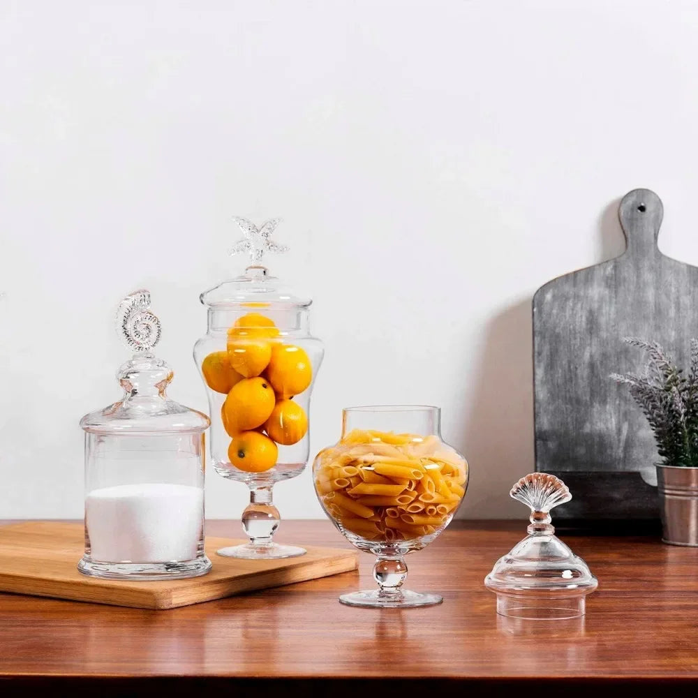 Clear Glass Apothecary Jars with Lid Decorative Seashell Design Bathroom Canister Footed Candy Buffet