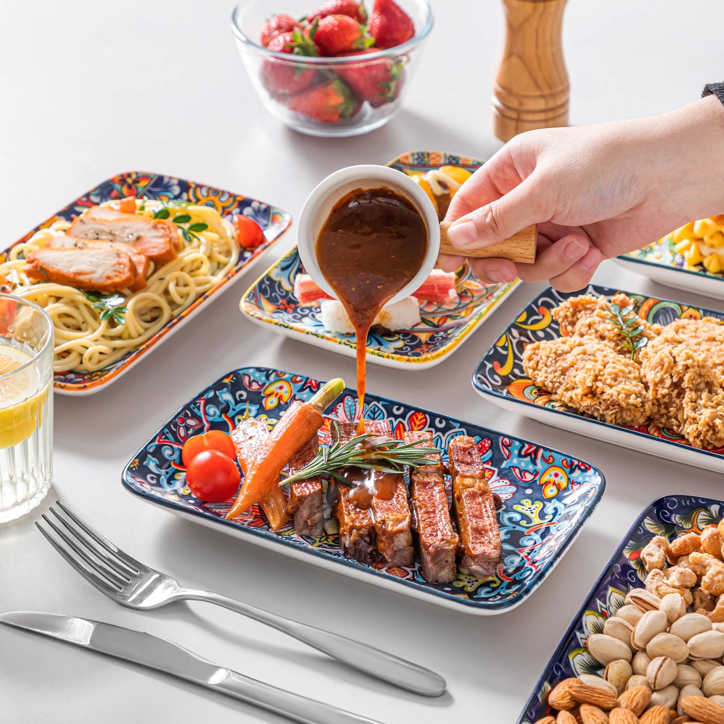 Vancasso 6 Or 12 Piece Porcelain Serving Plates Bohemian 8.5 Inch Dinner Plates Set For Beef Noodles Pasta 6 People