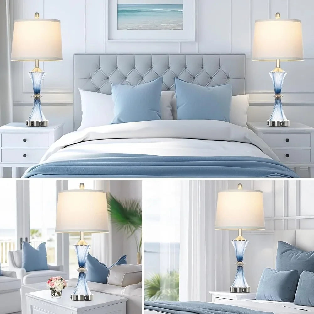Blue Glass Table Lamps Set Of 2 With USB C And AC Outlet