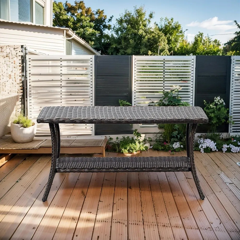 Outdoor Rattan Coffee Table With 2 Layer Storage For Garden Porch Backyard