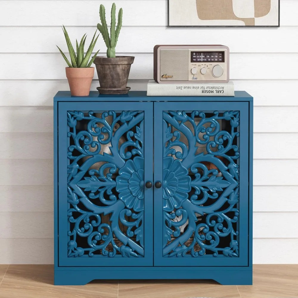 Blue Buffet Cabinet With Storage Wooden Carved Sideboard With Hollow Pattern And Adjustable Shelves Accent 2