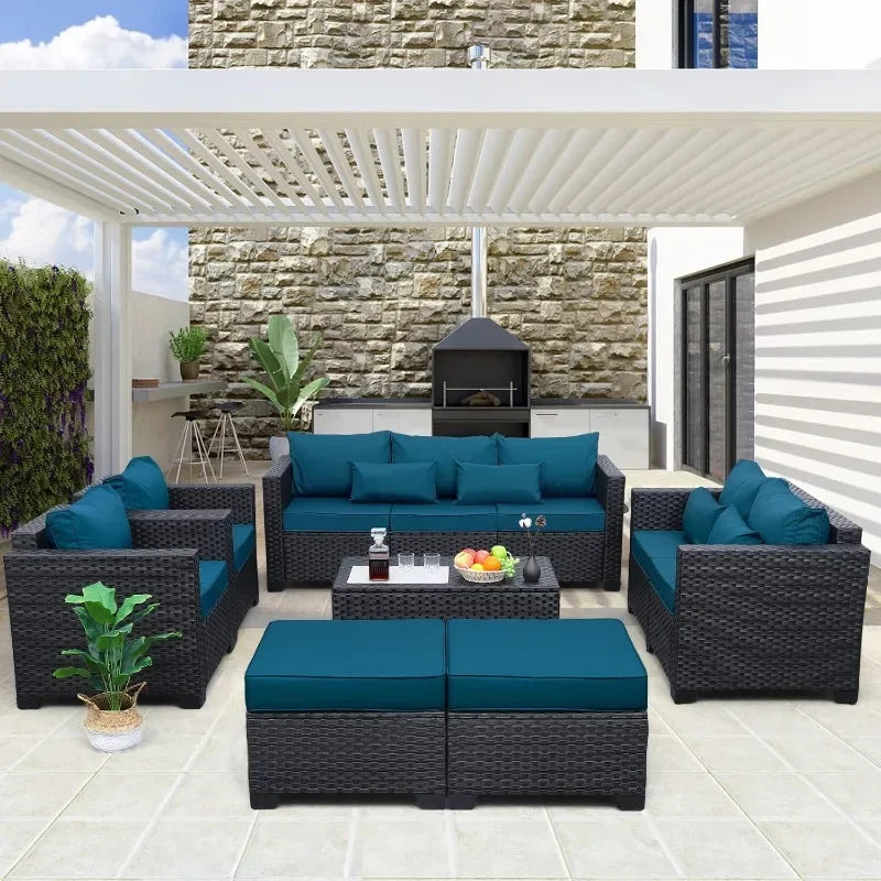 Peacock Blue 7 Piece Patio Furniture Set With Anti Slip Cushions And Covers