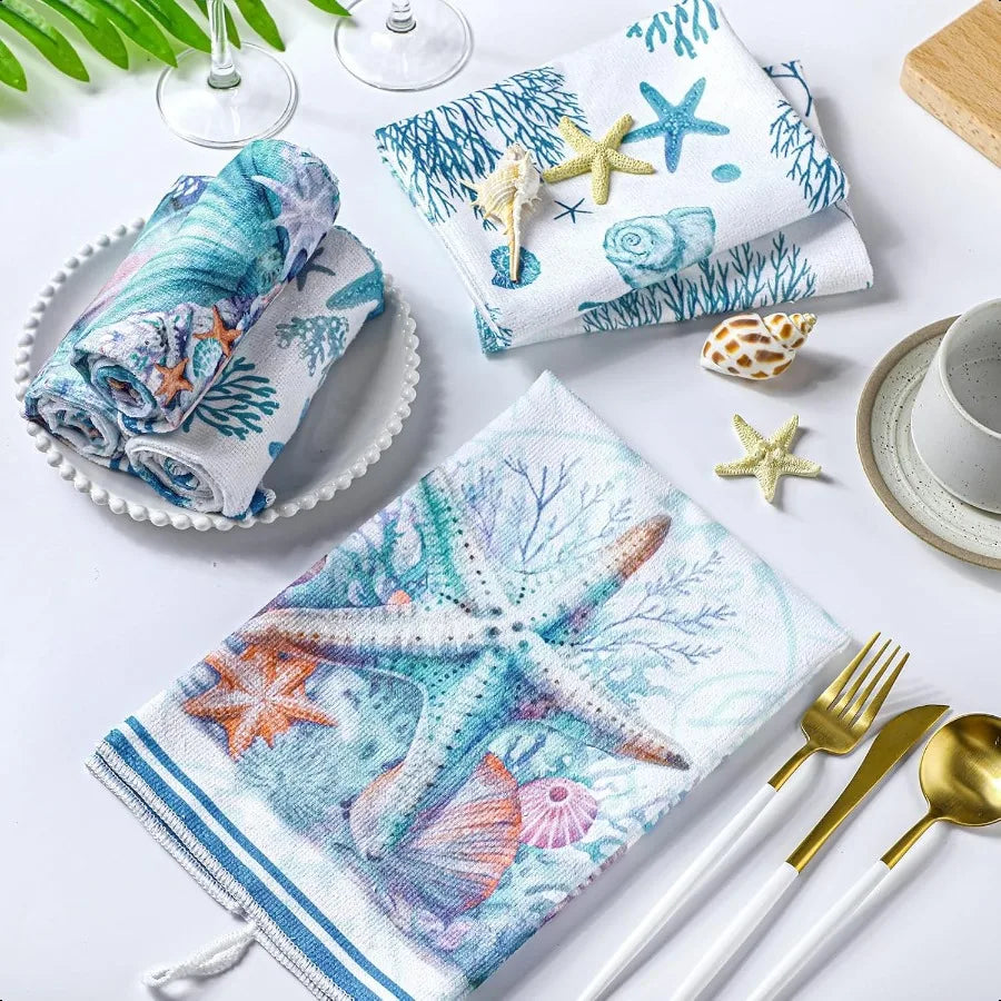 Set Of 6 Beach Kitchen Towels Ocean Nautical Starfish