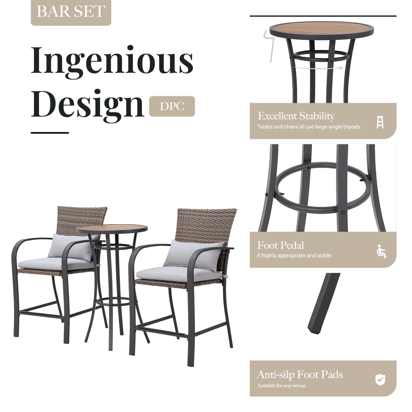 Naga Bahna 3pc Patio Bar Set With Cushions Rattan Wicker