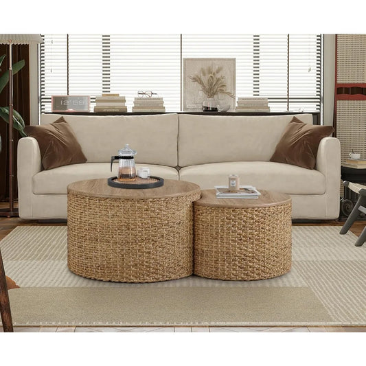 Nesting Coffee Table Set of 2 Coastal Woven Coffee Table with Storage Solid Wood Cover