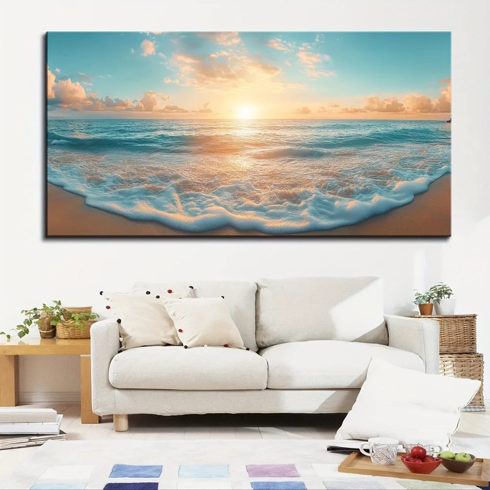 Natural Beach Sunset Canvas Print With Solid Pine Wood Frame
