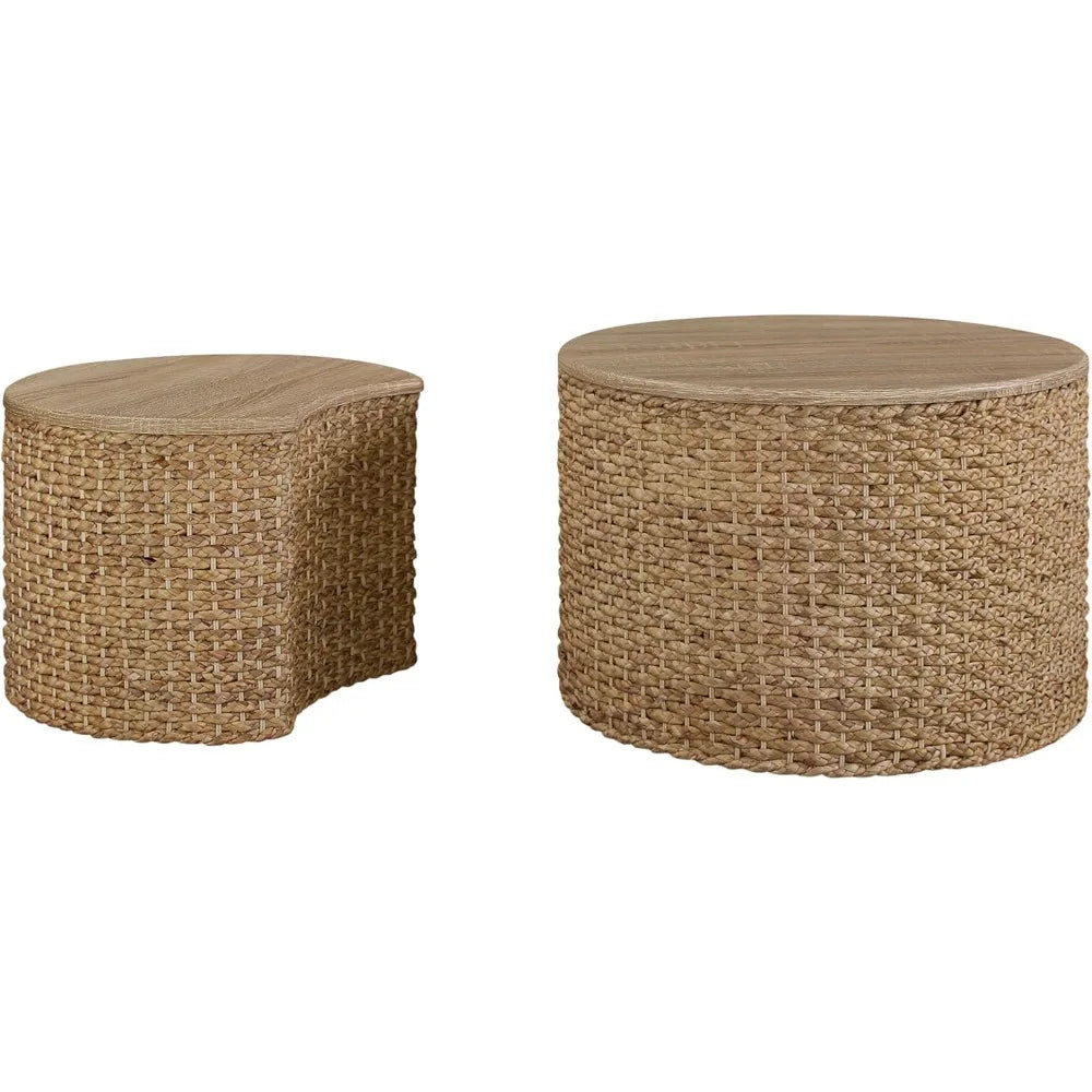Nesting Coffee Table Set of 2 Coastal Woven Coffee Table with Storage Solid Wood Cover